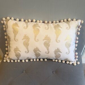 Lilly Pulitzer White Pillow with Gold Seahorse Print and Pom Trim
